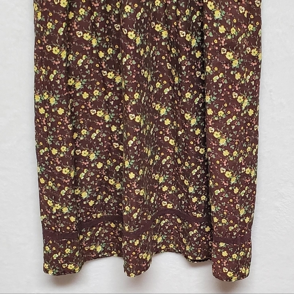 𝅺RETRO Y2K LEI Brown Yellow Ditsy Floral V-neck Pleated Mini Babydoll Dress S - Picture 11 of 14